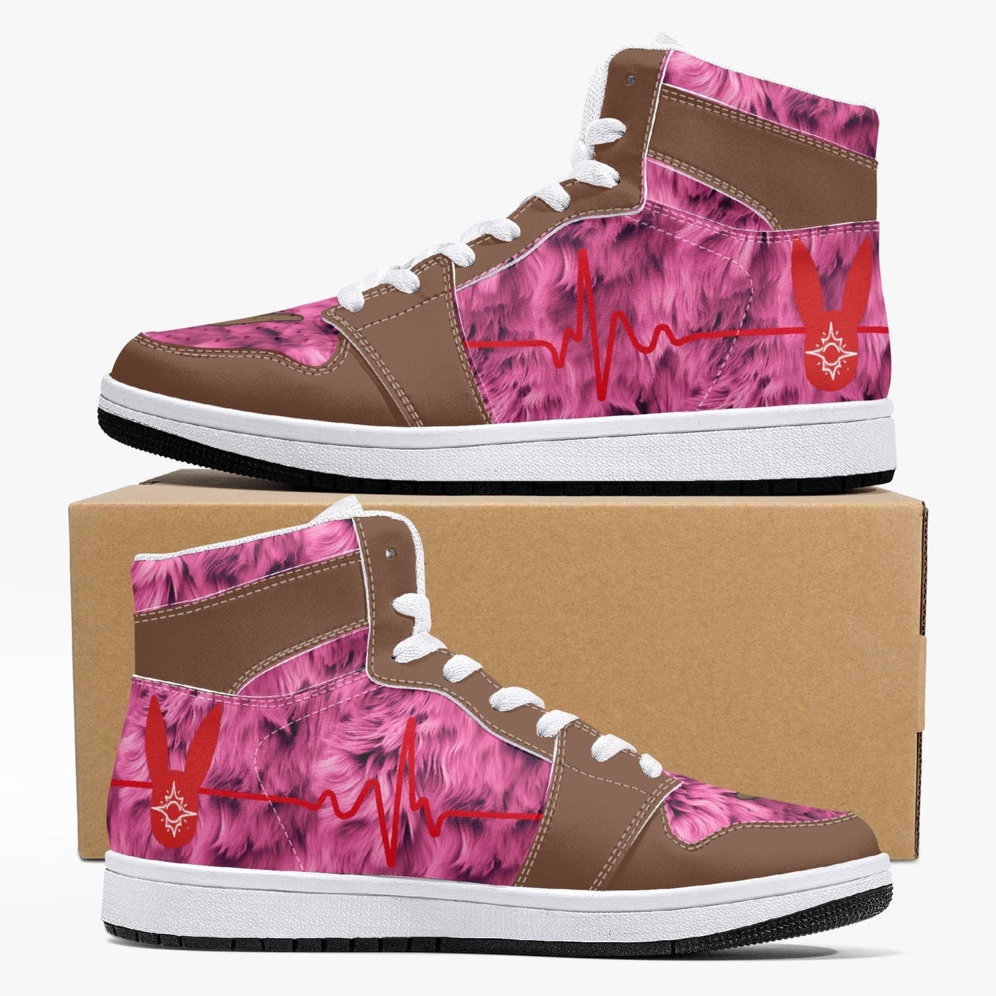 Heartbeat Rhythm in ILY Signs - High-Top Leather Sneakers (Chocolate: Woman)